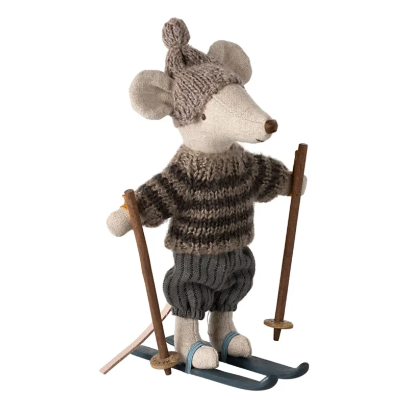 Grand frère souris aux sports d'hiver sur ses skis MAILEG - Gris, jouet en laine