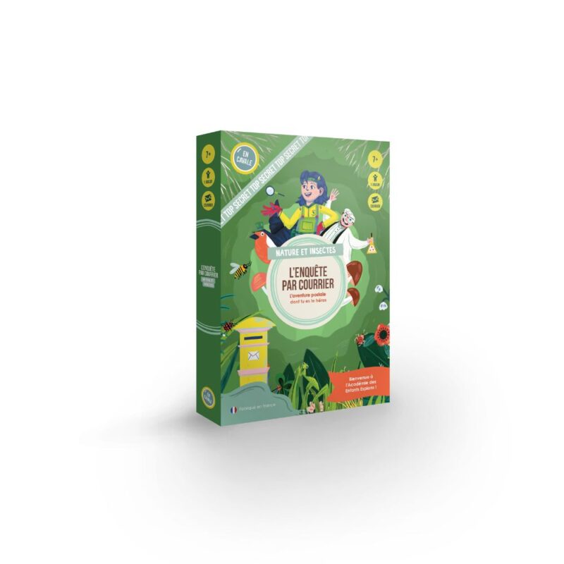 Jeu d'enquête - Nature et Insectes, boîte colorée avec illustrations d'insectes et nature.