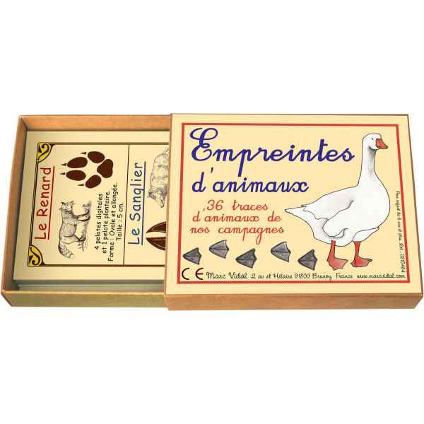 Jeu Marc Vidal Empreintes d'animaux, boîte ouverte avec cartes et illustrations d'empreintes.