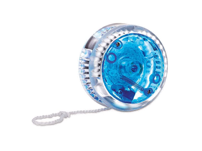 Yoyo électrique bleu avec coque transparente et corde blanche, jouet lumineux