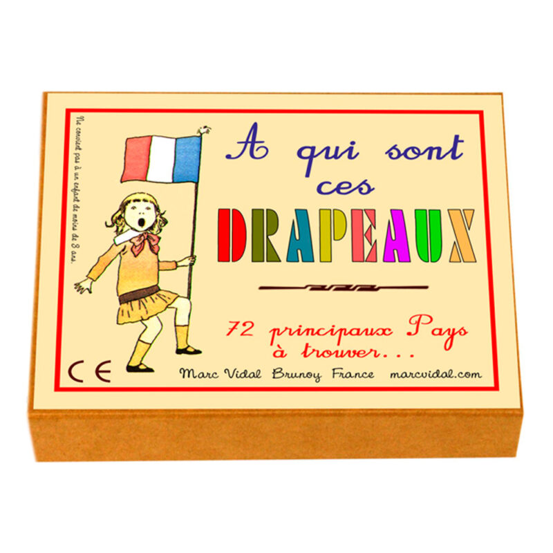 Jeu éducatif "A qui sont ces Drapeaux?" boîte en carton avec illustration enfant et drapeau