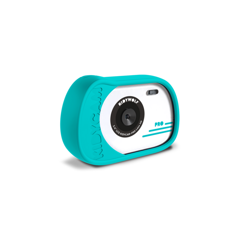 Appareil photo KIDYCAM bleu avec objectif visible, design compact.