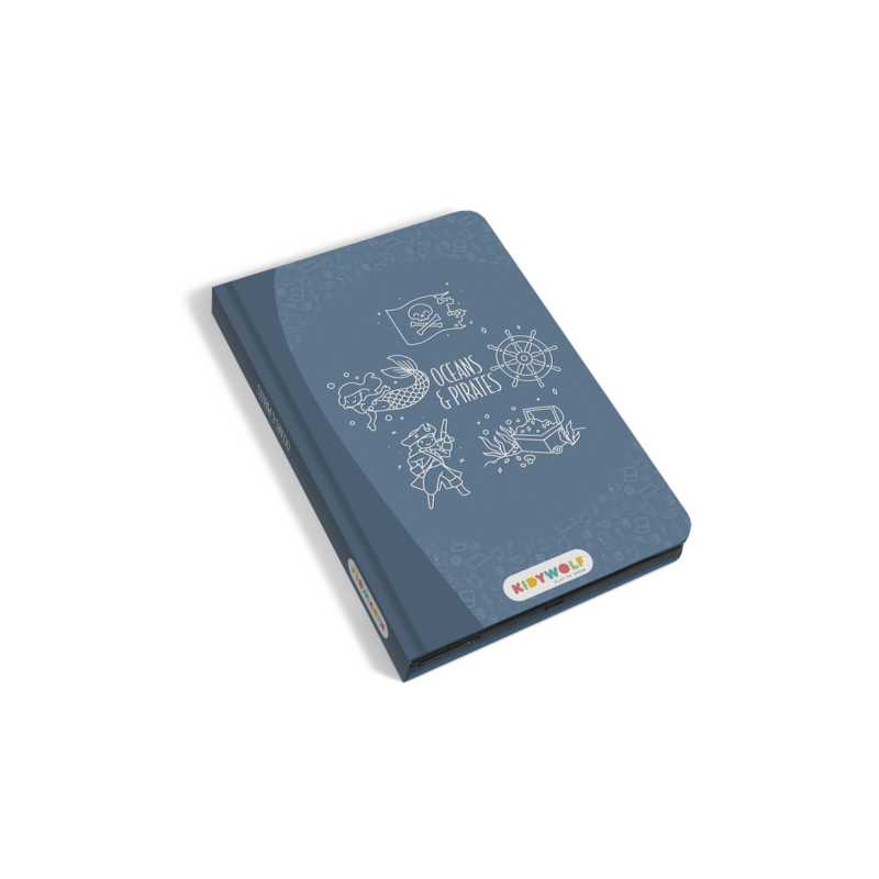 Tablette à dessin KIDYDRAW-MINI avec couverture bleue et illustrations marines.