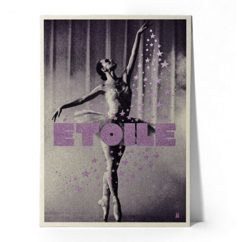 Carte Kidz Étoile : danseuse étoile en pose gracieuse avec étoiles violettes