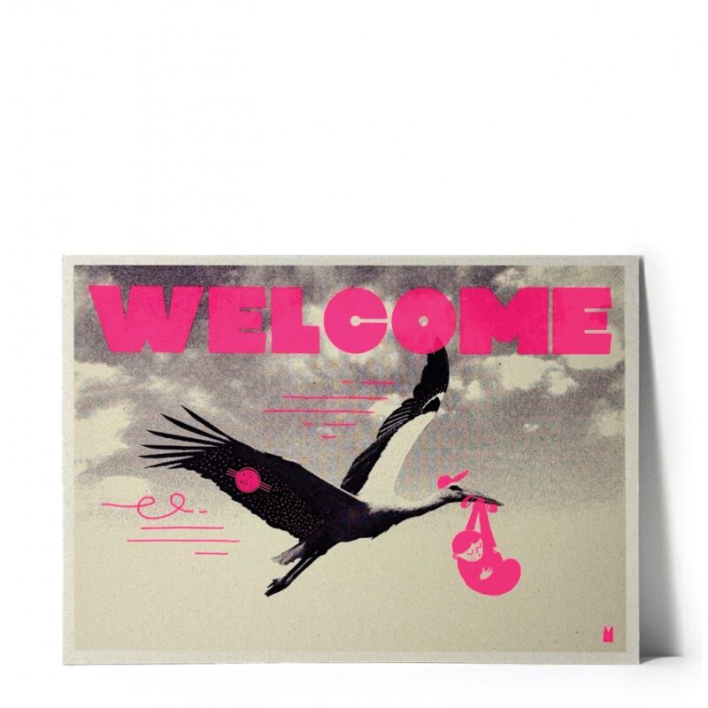 Carte KIDZ Welcome avec une cigogne portant un bébé, design moderne
