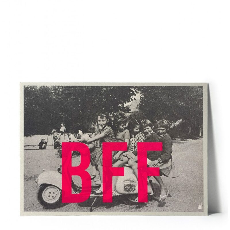 Carte Kencre BFF - Sérigraphie Noire & Rose Fluo, design rétro avec enfants sur scooter