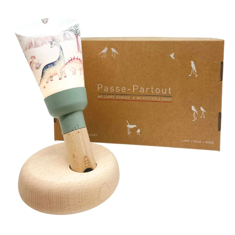 Lampe Nomade Enfant Dinosauria - Sauge, avec motifs dinosaures, socle en bois