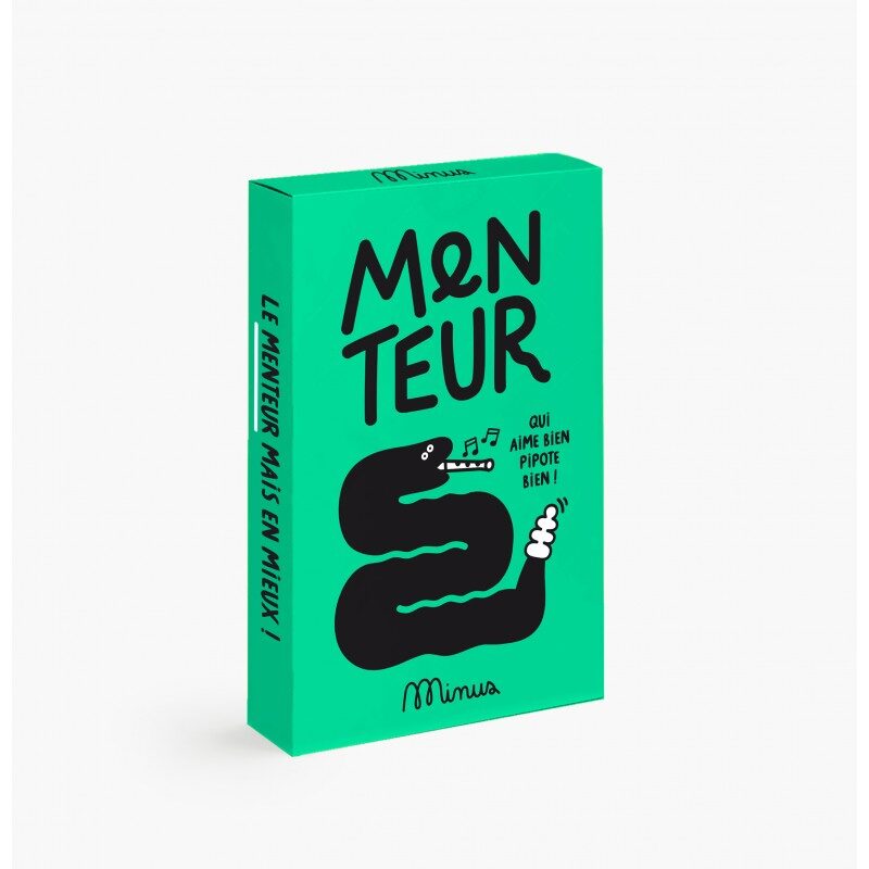 Le Menteur - Jeu de Bluff, boîte verte avec illustration de serpent et texte humoristique