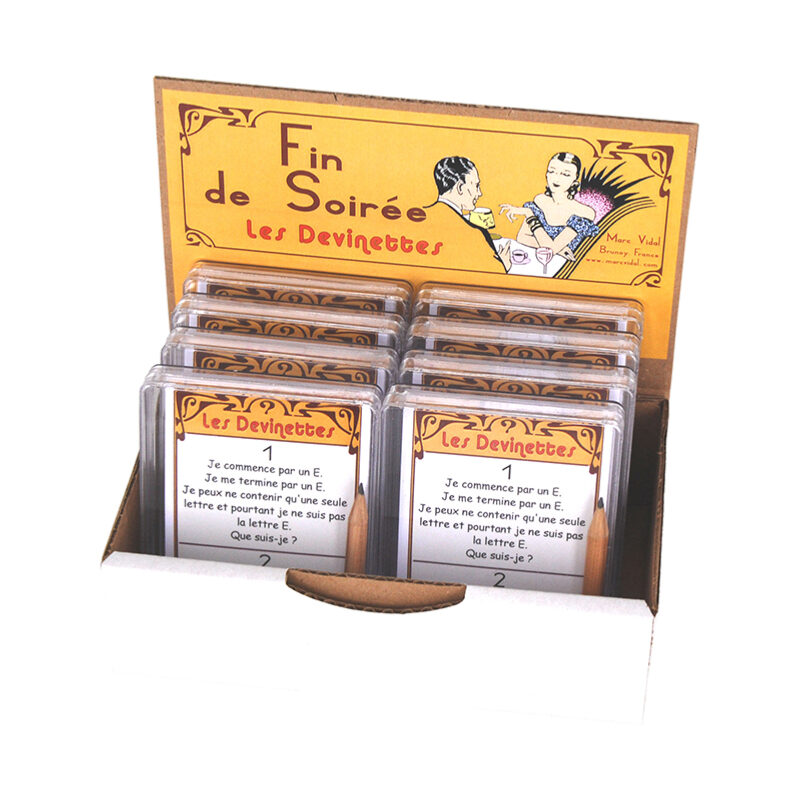 Jeu de fin de soirée : Les Devinettes, boîte ouverte avec cartes de jeu visibles