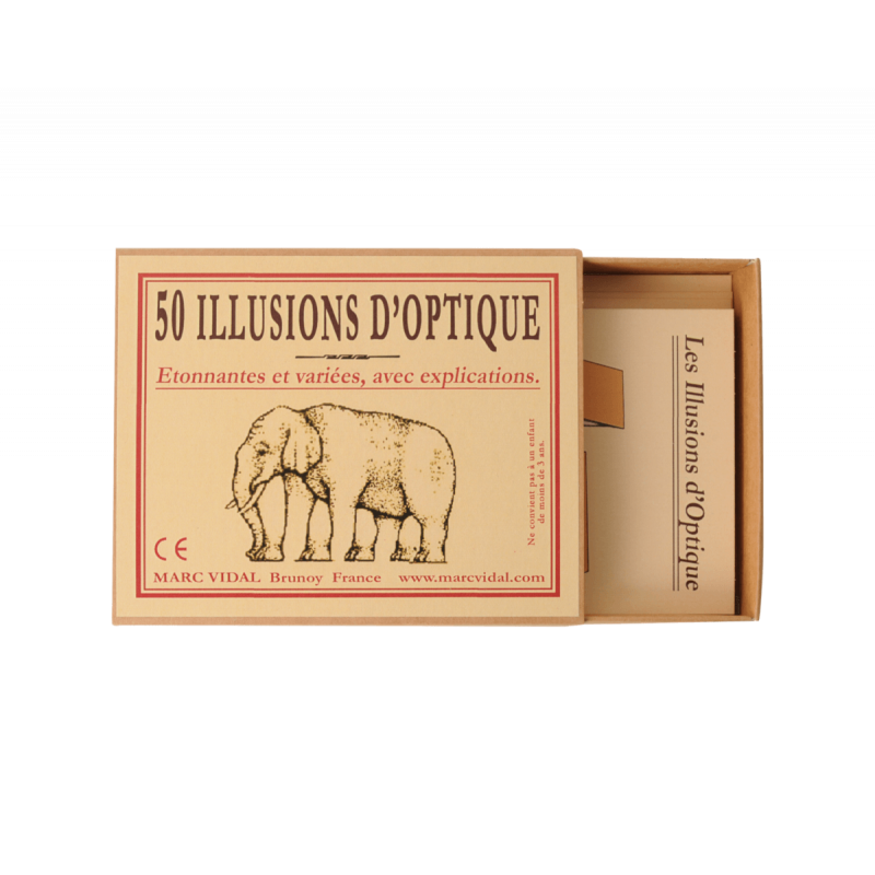 Les Illusions d'Optique - Marc Vidal, boîte ouverte avec cartes d'illusions visuelles.