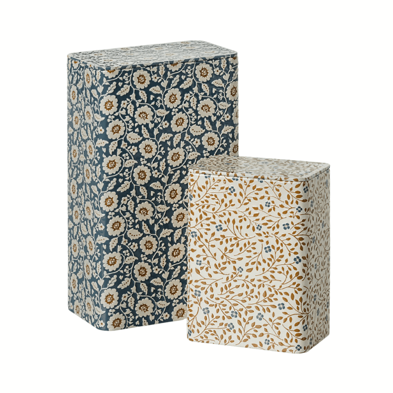 Lot de 2 boîtes en métal - Fleurs dusty blue et crème, motifs floraux élégants