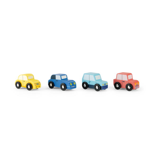 Lot de 4 voitures en bois Avenue du Moulin, jouets colorés pour enfants