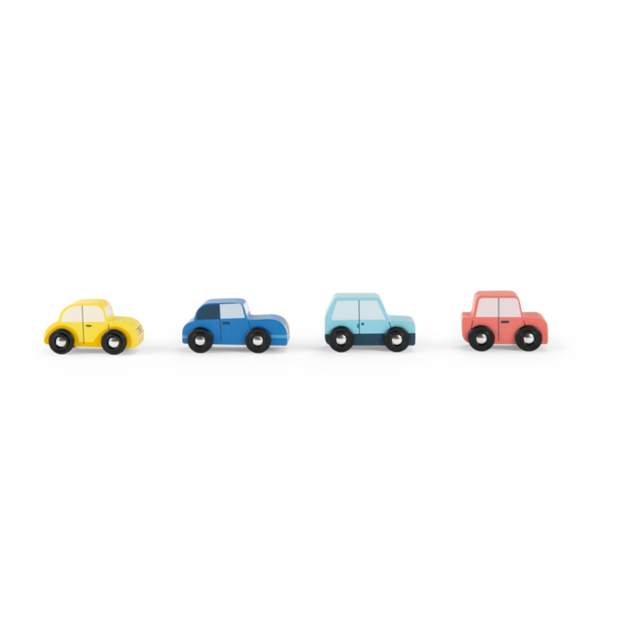 Lot de 4 voitures en bois Avenue du Moulin, jouets colorés pour enfants
