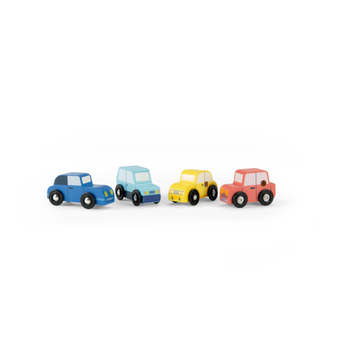 Lot de 4 voitures en bois Avenue du Moulin, jouets colorés pour enfants