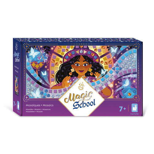Magic School - Mosaïques, boîte colorée avec illustration d'une sorcière et papillons.