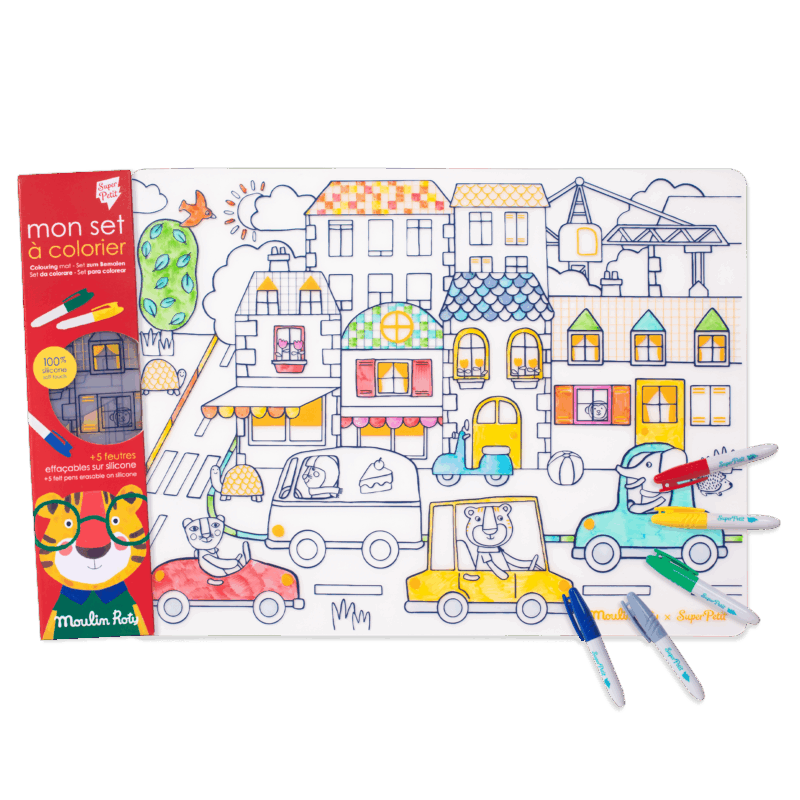 Collab Superpetit x Moulin Roty Popipop - Set de Table à Colorier avec motifs de ville et feutres inclus