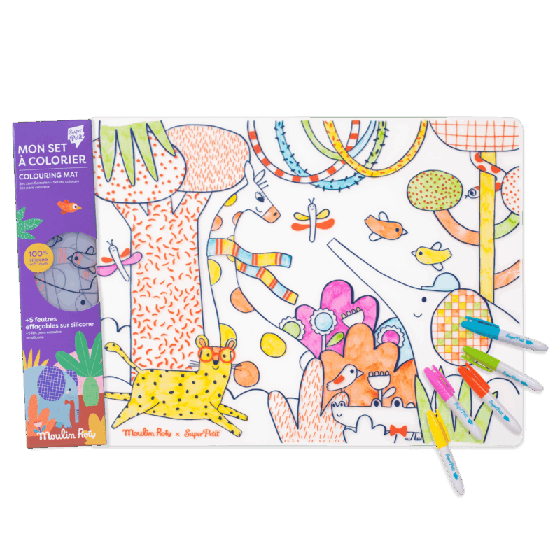 Collab Superpetit x Moulin Roty Toupitis : set de coloriage avec motifs colorés et feutres inclus