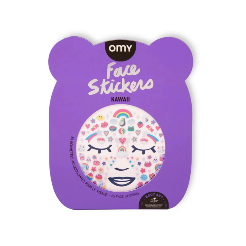 Stickers Visage colorés et variés sur fond violet, thème kawaii.