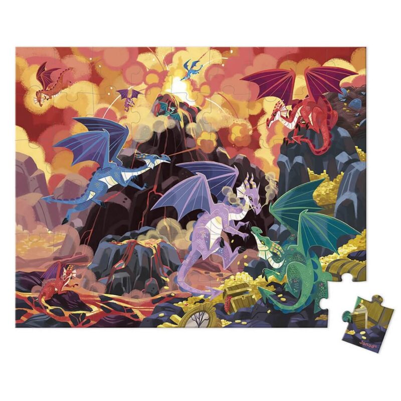 Puzzle 54 pièces : Terre De Dragons avec des dragons colorés et un trésor