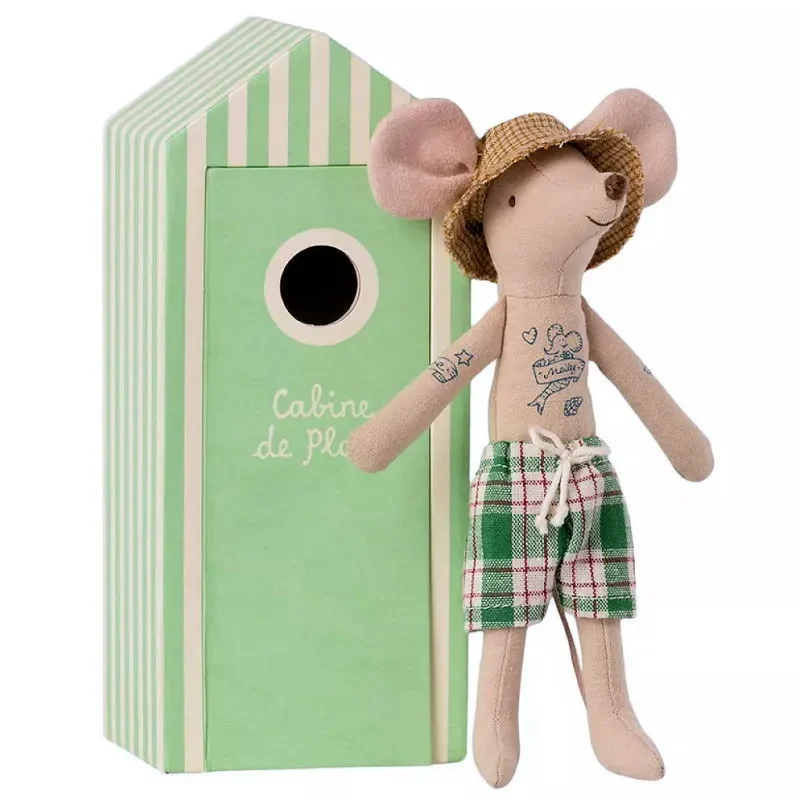 Papa Souris et sa Cabine de Plage Maileg avec cabine rayée verte et blanche