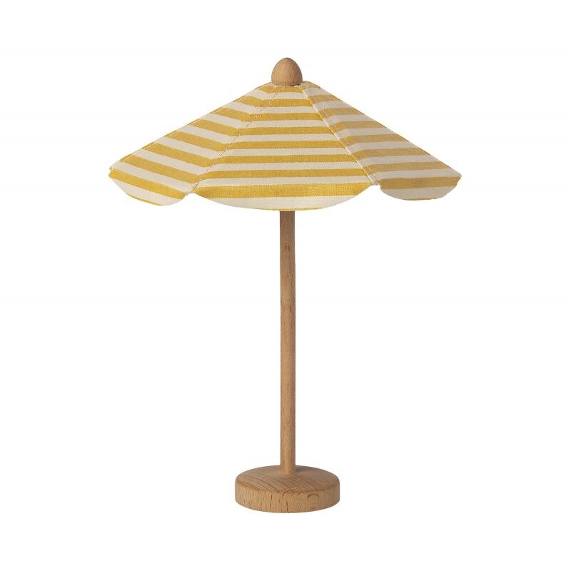 Parasol de plage miniature Maileg, rayures jaunes et blanches, accessoire décoratif