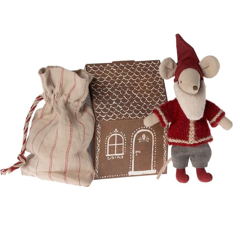 Père Noël Souris - Maileg avec maison en carton et sac en tissu, jouet festif