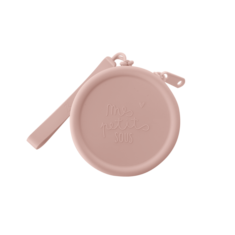 Porte-monnaie en silicone rose avec fermeture éclair et lanière pratique.