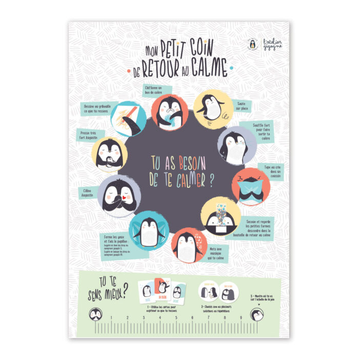 Poster de retour au calme - Affiche des émotions avec illustrations de pingouins et conseils apaisants