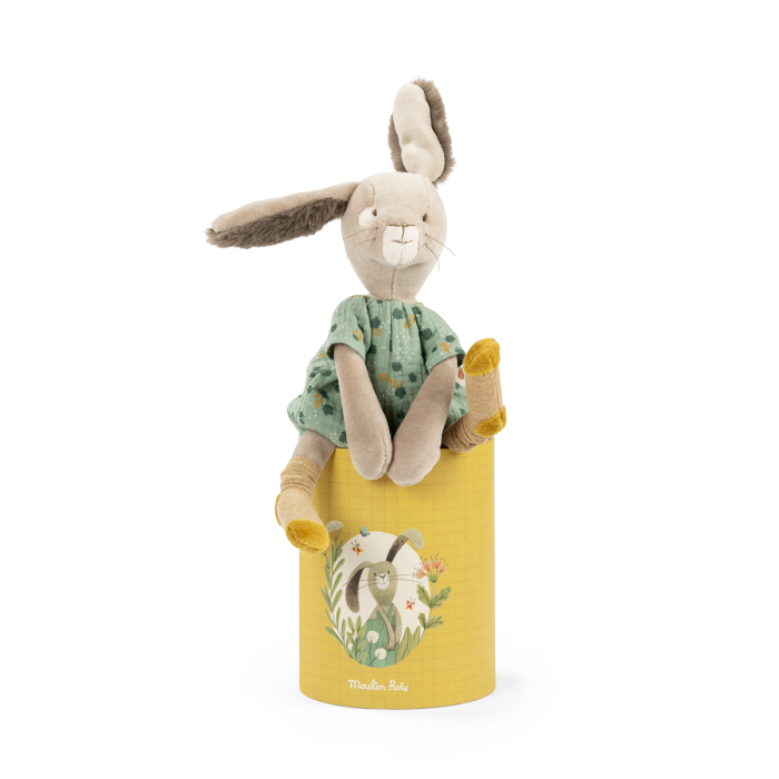 Poupée Lapin Sauge en Boîte - Trois Petits Lapins, peluche douce avec robe verte
