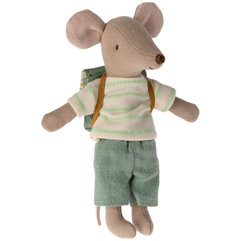 Souris Tricycle Maileg en peluche avec vêtements rayés et sac à dos, jouet enfant