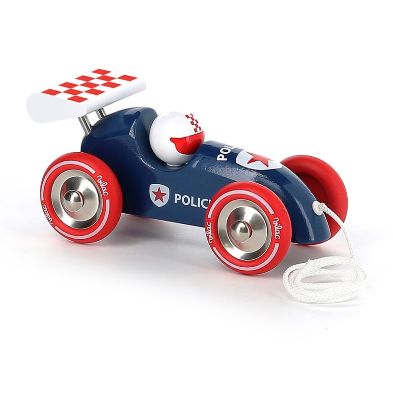 Voiture de Course à Tirer - Police, jouet en bois bleu avec roues rouges et corde.