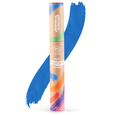Mascara cheveux bleu avec emballage coloré, cosmétique bio