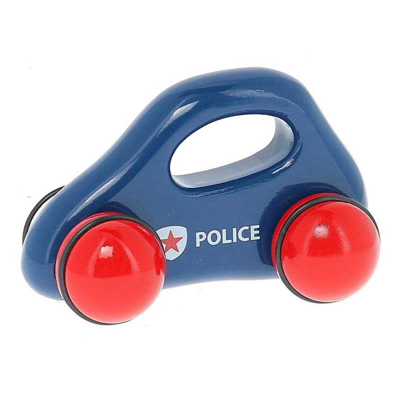 Voiture en Bois 1er Âge - Modèle Police, jouet bleu avec roues rouges
