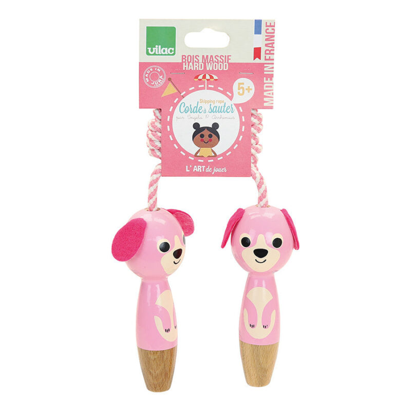 Corde à sauter Chien Ingela P. Arrhenius avec poignées en bois rose, jouet enfant