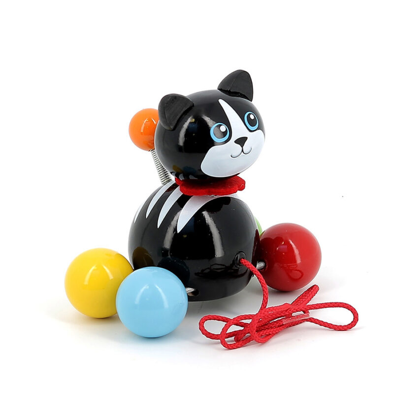 Minou le Chat - Jouet à Tirer, jouet en bois coloré avec roues et corde.