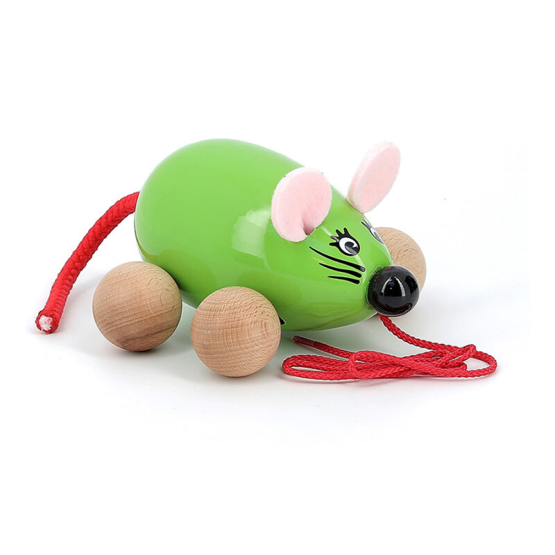 Jouet à tirer Lisa la souris verte avec roues en bois et corde rouge