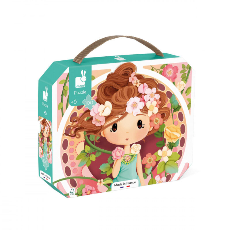 Puzzle Inspiré de Mucha 100 pièces, boîte colorée avec illustration florale, puzzle enfant