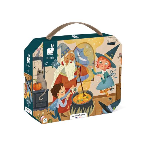 Puzzle Magie 200 pièces avec illustration de sorciers et chaudron, boîte colorée.
