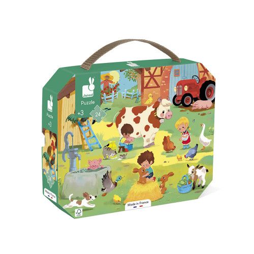 Puzzle Une Journée à la Ferme 24 pièces avec animaux et enfants, boîte colorée