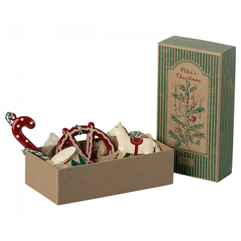 Lot d'ornements métal Maileg : décorations de Noël en métal dans une boîte en carton