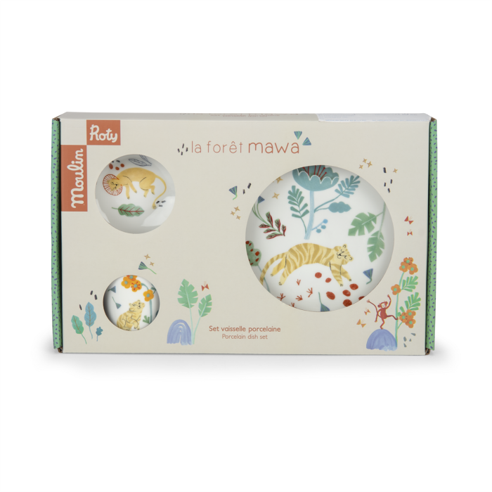 Set vaisselle porcelaine La Forêt Mawa avec motifs animaux et végétaux colorés