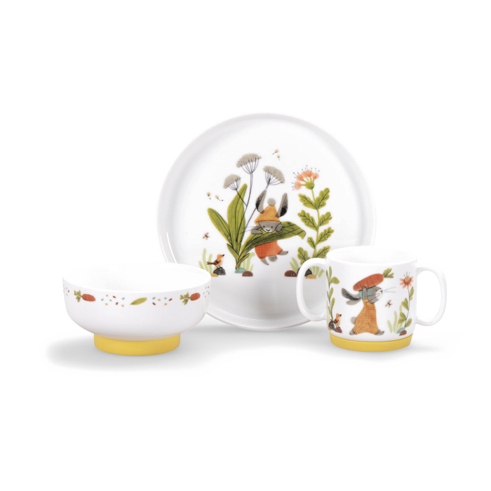 Set vaisselle porcelaine Trois petits lapins avec motifs de lapins et fleurs, vaisselle enfant