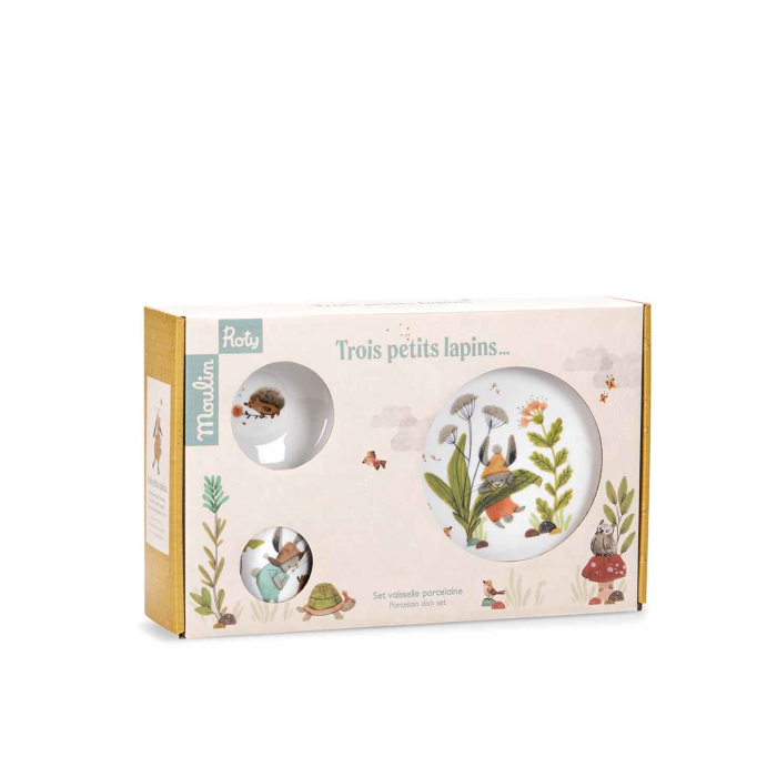 Set vaisselle porcelaine Trois petits lapins, boîte illustrée avec motifs lapins et nature