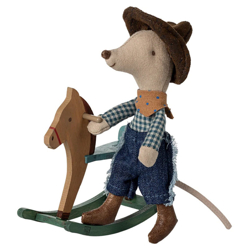 Souris Cow-boy sur Cheval à Bascule - Petit Frère, jouet en tissu et bois