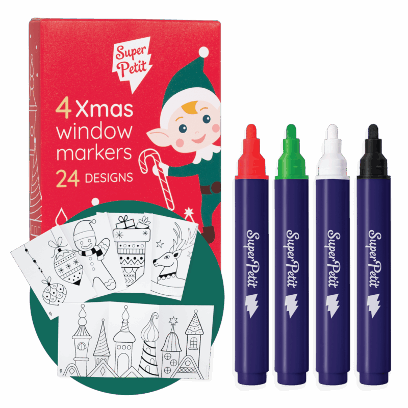 Boîte de 4 feutres pour vitres + 24 motifs à reproduire pour Noël, feutres colorés