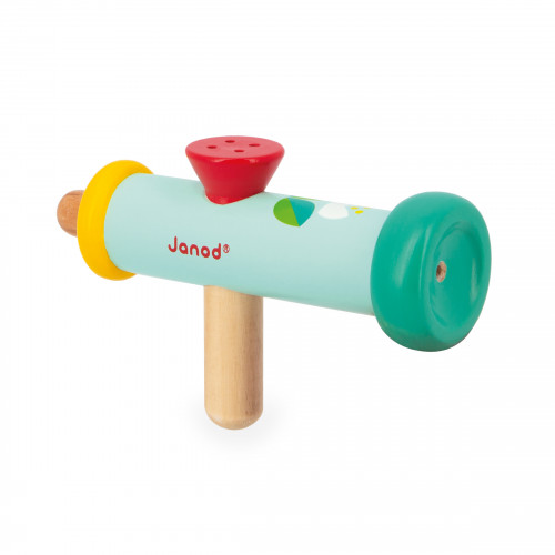 Trompette Gioia en bois coloré avec motifs ludiques, jouet musical.
