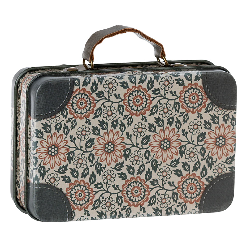 Valisette en métal Asta avec motif floral vintage, poignée en cuir.