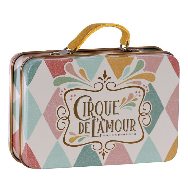 Valisette Harlequin avec motif coloré et poignée jaune, design rétro