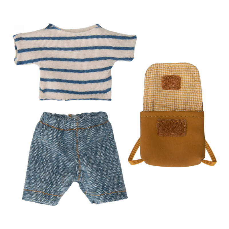Vêtements Souris Tricycle et Sac à Dos - Blue, ensemble avec t-shirt rayé et short en jean