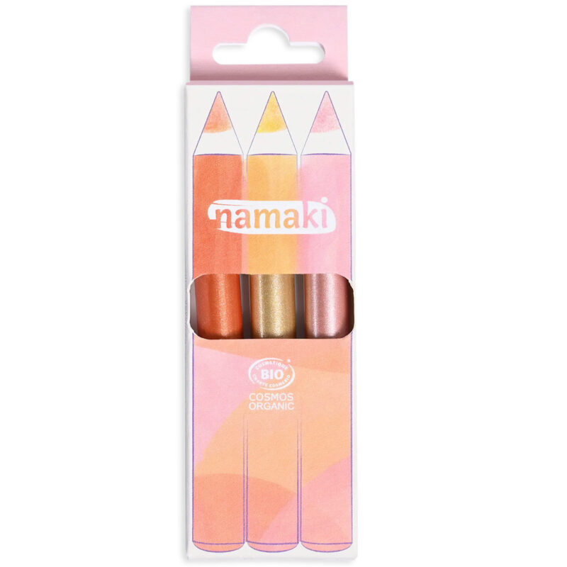 Kit 3 crayons de maquillage pailletés - Rayon de soleil, couleurs vives et étui rose